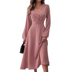European and American women's clothing spring and summer fashion V-neck lantern long-sleeved skirt twisted edge elegant medium and long dress
