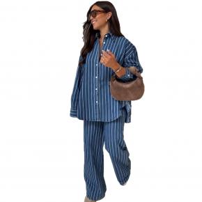 European and American long-sleeved casual lapel cardigan striped shirt women's African foreign style large size new women's trousers two-piece set