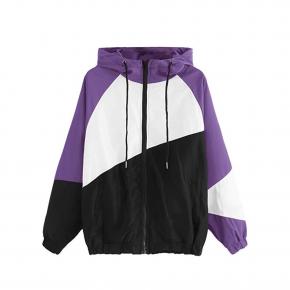 European and American spring new women's clothing three-color splicing solid color hooded long-sleeved sunscreen jacket