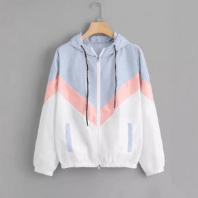 Women's European and American spring and autumn new women's three-color patchwork long-sleeved hooded jacket