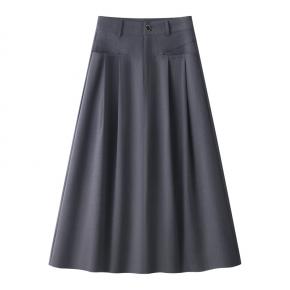 Elegant Commuting A-line Midi Skirt, Solid Color Pleated Skirt with Slight Stretch (Grey/Black)